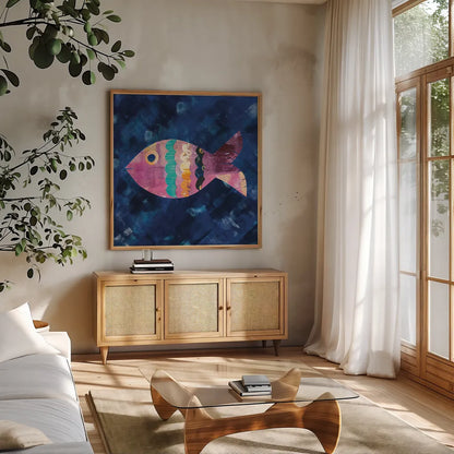 Boho Reef III by Wild Apple Portfolio. Shown in a natural wood frame in a cozy modern living room. Available as an archival giclee rolled canvas, fine art paper, or poster print. SKU 27372a.