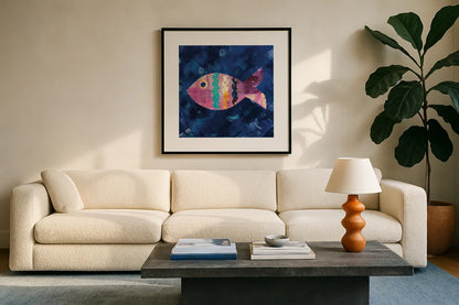 Boho Reef III by Wild Apple Portfolio. Displayed in a glass frame with matte in a clean modern living room. Available as an archival giclee rolled canvas, fine art paper, or poster print. SKU 27372a.
