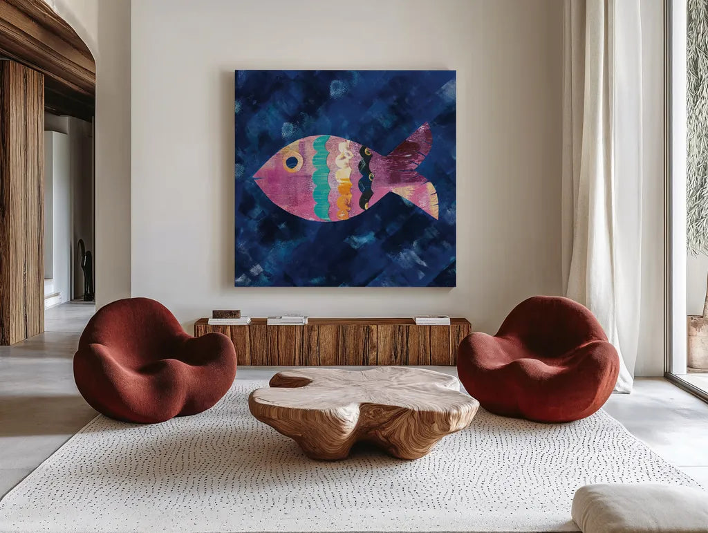 Boho Reef III by Wild Apple Portfolio. Shown as extra-large giant wall art in a modern living room. Available as an archival giclee rolled canvas, fine art paper, or poster print. SKU 27372a.