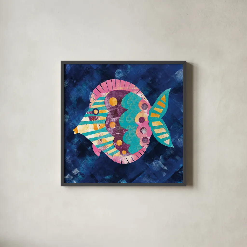 Boho Reef IV by Wild Apple Portfolio. Shown in a sleek black glass frame for a contemporary gallery look. Available as an archival giclee rolled canvas, fine art paper, or poster print. SKU 27373a.