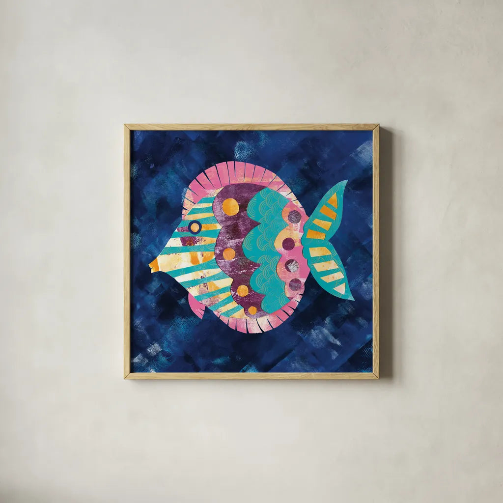 Boho Reef IV by Wild Apple Portfolio. Shown in a natural wood glass frame for a timeless modern aesthetic. Available as an archival giclee rolled canvas, fine art paper, or poster print. SKU 27373a.