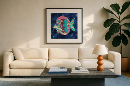 Boho Reef IV by Wild Apple Portfolio. Displayed in a glass frame with matte in a clean modern living room. Available as an archival giclee rolled canvas, fine art paper, or poster print. SKU 27373a.