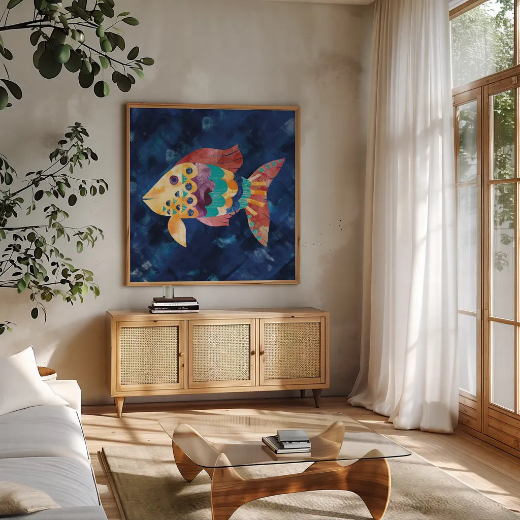 Boho Reef VI by Wild Apple Portfolio. Shown in a natural wood frame in a cozy modern living room. Available as an archival giclee rolled canvas, fine art paper, or poster print. SKU 27375a.