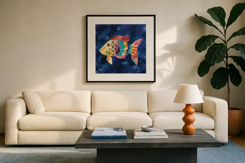 Boho Reef VI by Wild Apple Portfolio. Displayed in a glass frame with matte in a clean modern living room. Available as an archival giclee rolled canvas, fine art paper, or poster print. SKU 27375a.