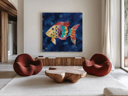 Boho Reef VI by Wild Apple Portfolio. Shown as extra-large giant wall art in a modern living room. Available as an archival giclee rolled canvas, fine art paper, or poster print. SKU 27375a.