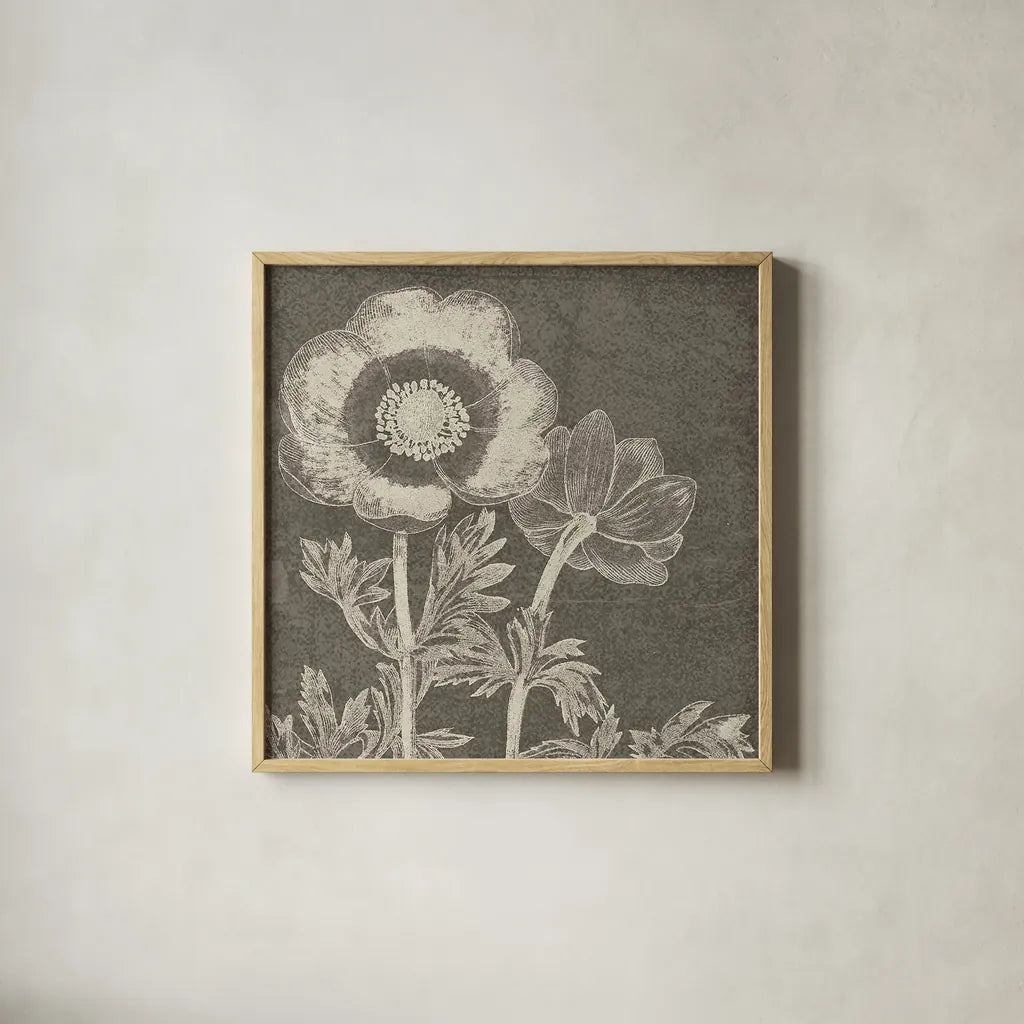 Botanical Beauty Chalk Square II by Wild Apple Portfolio. Shown in a natural wood glass frame for a timeless modern aesthetic. Available as an archival giclee rolled canvas, fine art paper, or poster print. SKU 14966a.