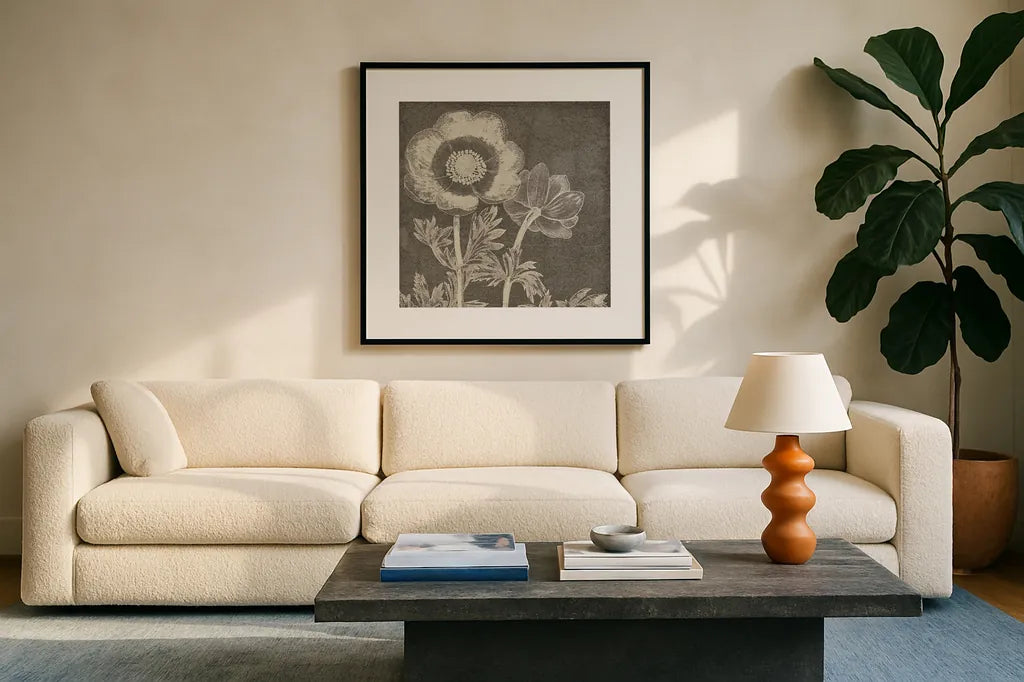 Botanical Beauty Chalk Square II by Wild Apple Portfolio. Displayed in a glass frame with matte in a clean modern living room. Available as an archival giclee rolled canvas, fine art paper, or poster print. SKU 14966a.