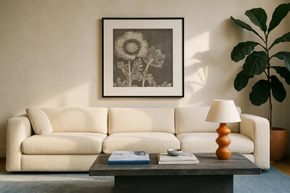 Botanical Beauty Chalk Square II by Wild Apple Portfolio. Displayed in a glass frame with matte in a clean modern living room. Available as an archival giclee rolled canvas, fine art paper, or poster print. SKU 14966a.