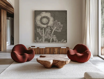 Botanical Beauty Chalk Square II by Wild Apple Portfolio. Shown as extra-large giant wall art in a modern living room. Available as an archival giclee rolled canvas, fine art paper, or poster print. SKU 14966a.