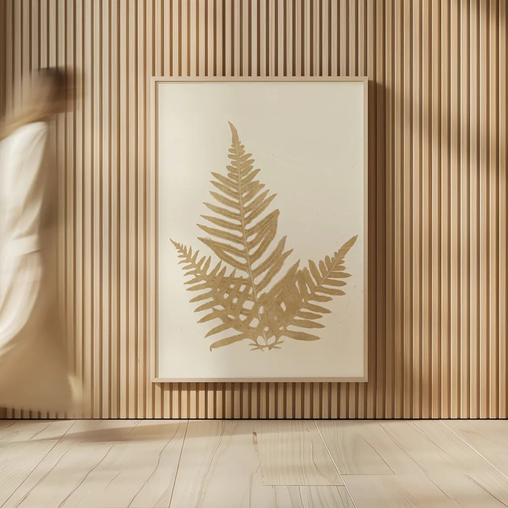 Botanical Fern XI Gold by Wild Apple Portfolio. shown as over sized large wall art. Available as an archival giclee rolled canvas, fine art paper, or poster print. SKU 57688h.
