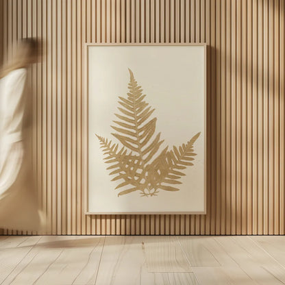 Botanical Fern XI Gold by Wild Apple Portfolio. shown as over sized large wall art. Available as an archival giclee rolled canvas, fine art paper, or poster print. SKU 57688h.