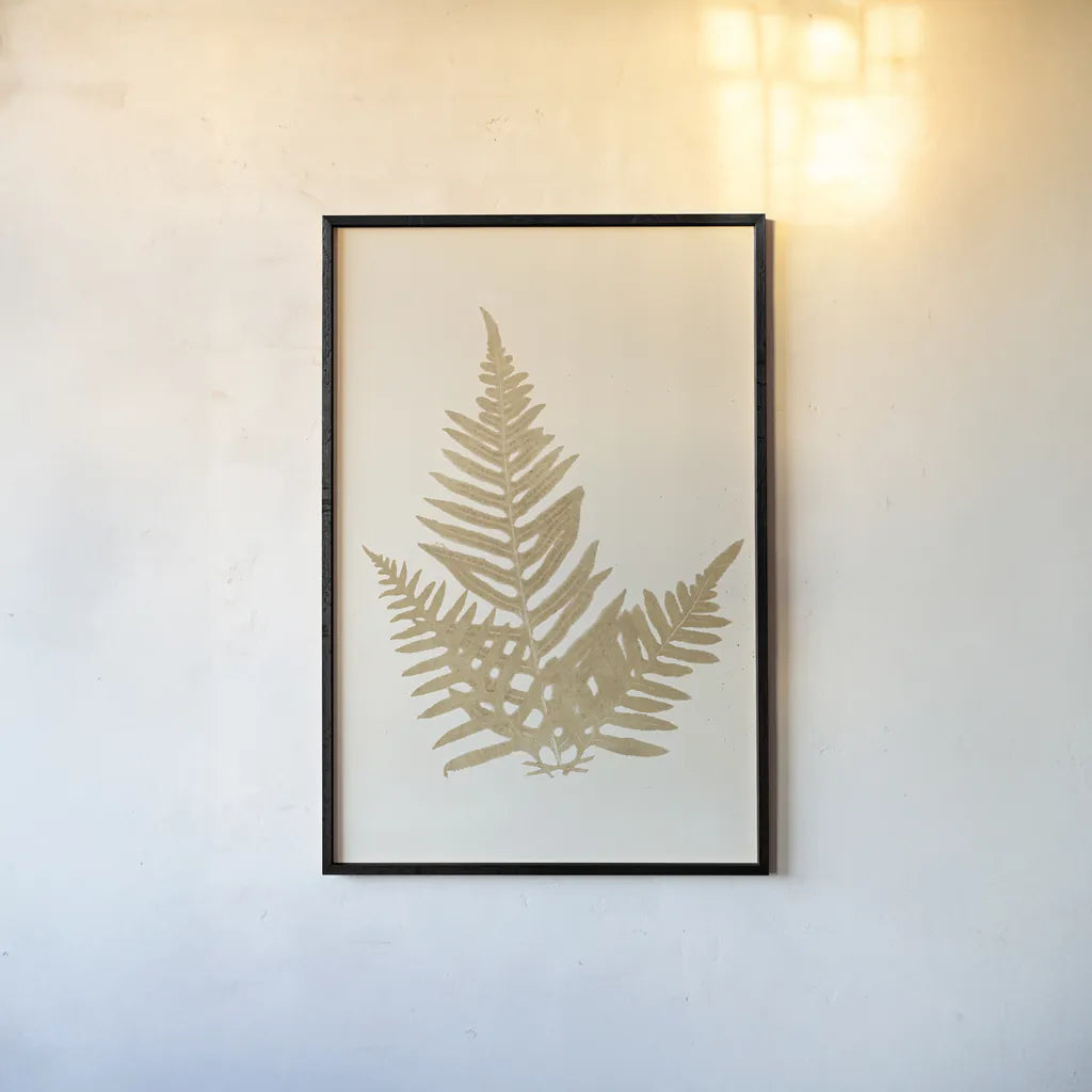 Botanical Fern XI Gold by Wild Apple Portfolio. shown as a paper print in a black flame. Available as a archival giclee rolled canvas, fine art paper, or poster print. SKU 57688h.