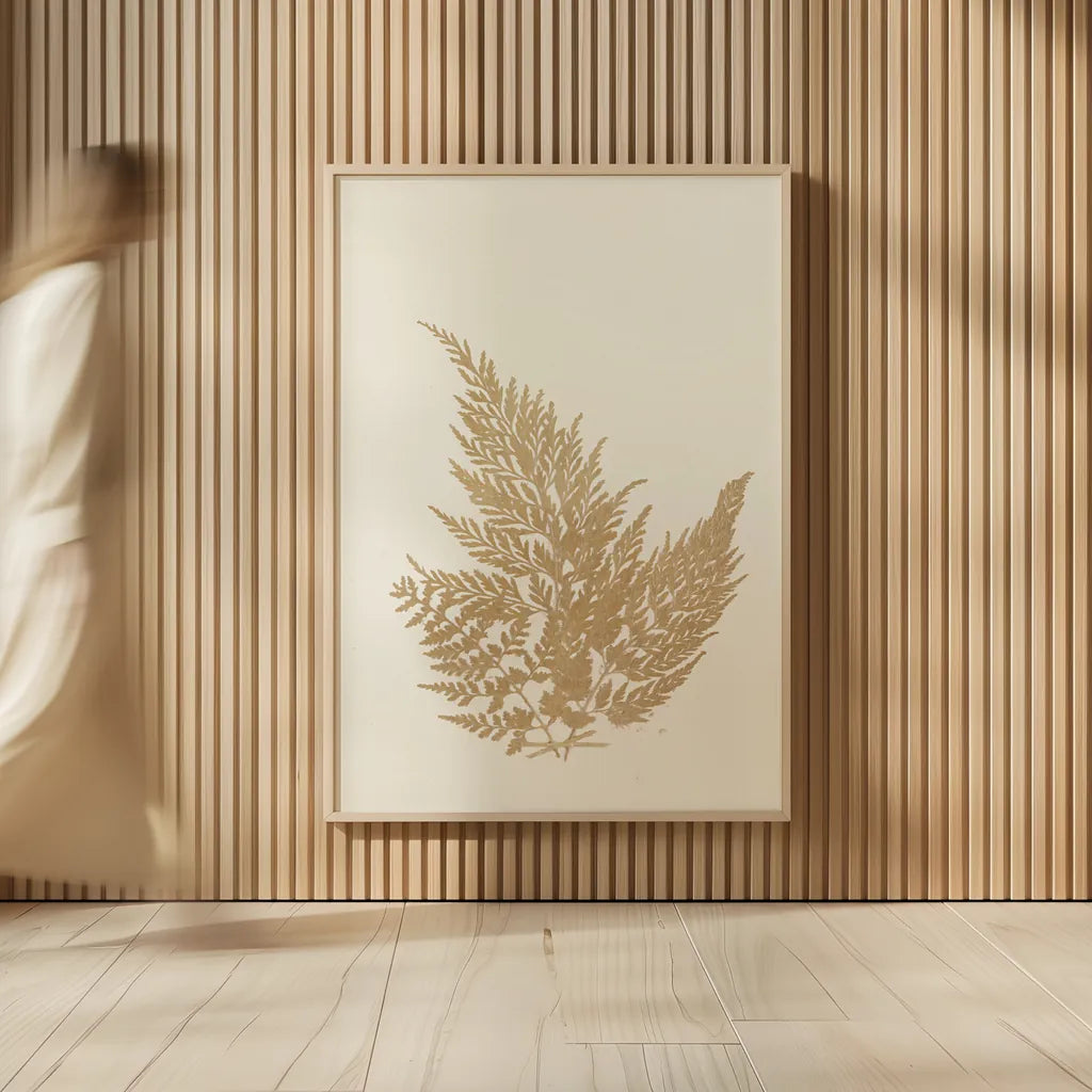 Botanical Fern XVIII Gold by Wild Apple Portfolio. shown as over sized large wall art. Available as an archival giclee rolled canvas, fine art paper, or poster print. SKU 57689h.