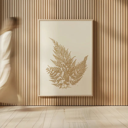 Botanical Fern XVIII Gold by Wild Apple Portfolio. shown as over sized large wall art. Available as an archival giclee rolled canvas, fine art paper, or poster print. SKU 57689h.