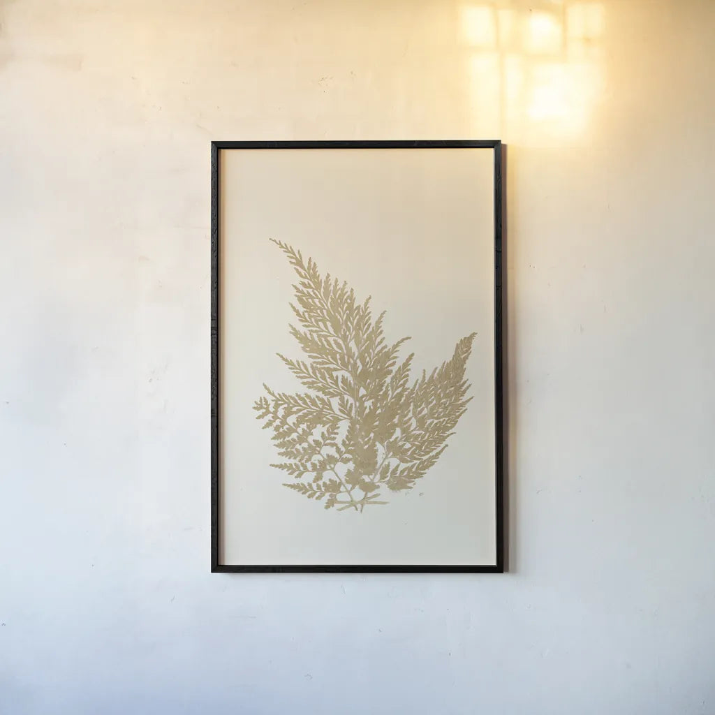 Botanical Fern XVIII Gold by Wild Apple Portfolio. shown as a paper print in a black flame. Available as a archival giclee rolled canvas, fine art paper, or poster print. SKU 57689h.