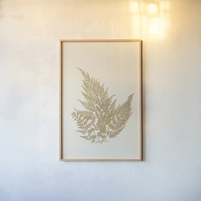 Botanical Fern XVIII Gold by Wild Apple Portfolio. shown as a paper print in a natural frame. Available as a archival giclee rolled canvas, fine art paper, or poster print. SKU 57689h.