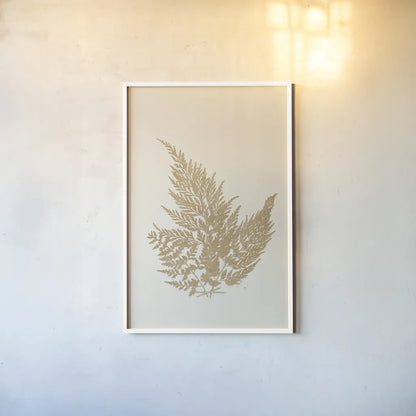 Botanical Fern XVIII Gold by Wild Apple Portfolio. shown as a paper print in a white frame. Available as a archival giclee rolled canvas, fine art paper, or poster print. SKU 57689h.