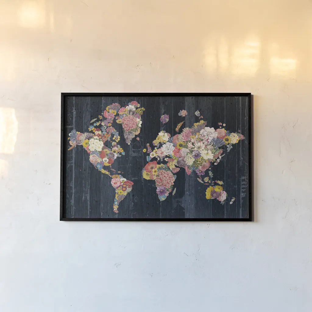 Botanical Floral Map by Wild Apple Portfolio. shown as a paper print in a black flame. Available as a archival giclee rolled canvas, fine art paper, or poster print. SKU 53454i.