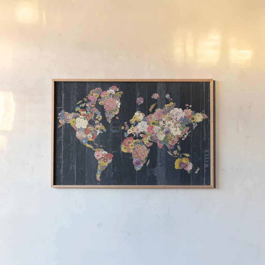 Botanical Floral Map by Wild Apple Portfolio. shown as a paper print in a natural frame. Available as a archival giclee rolled canvas, fine art paper, or poster print. SKU 53454i.