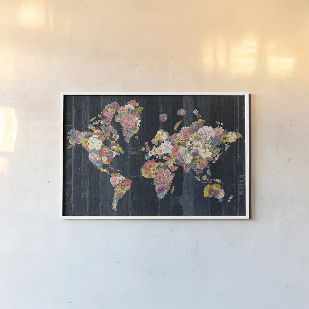 Botanical Floral Map by Wild Apple Portfolio. shown as a paper print in a white frame. Available as a archival giclee rolled canvas, fine art paper, or poster print. SKU 53454i.