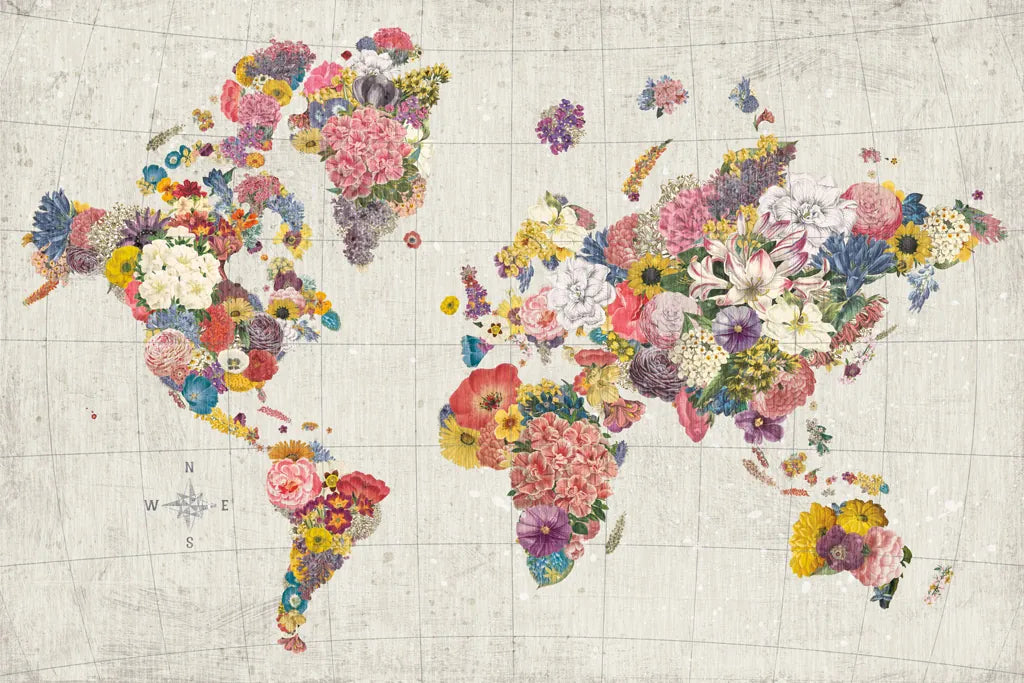 Botanical Floral Map Gray No Words by Wild Apple Portfolio. SKU 56464i. Archival Giclee Fine art print for wall decor.