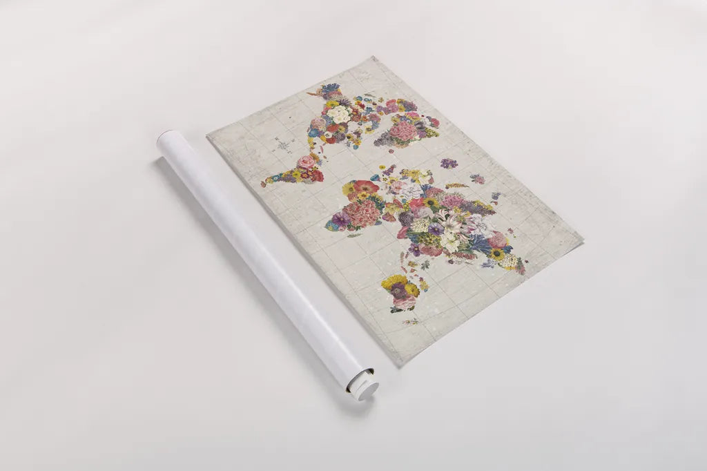 Botanical Floral Map Gray No Words by Wild Apple Portfolio. shown as a rolled paper print. Available as archival giclee rolled canvas, fine art paper, or poster print. SKU 56464i.