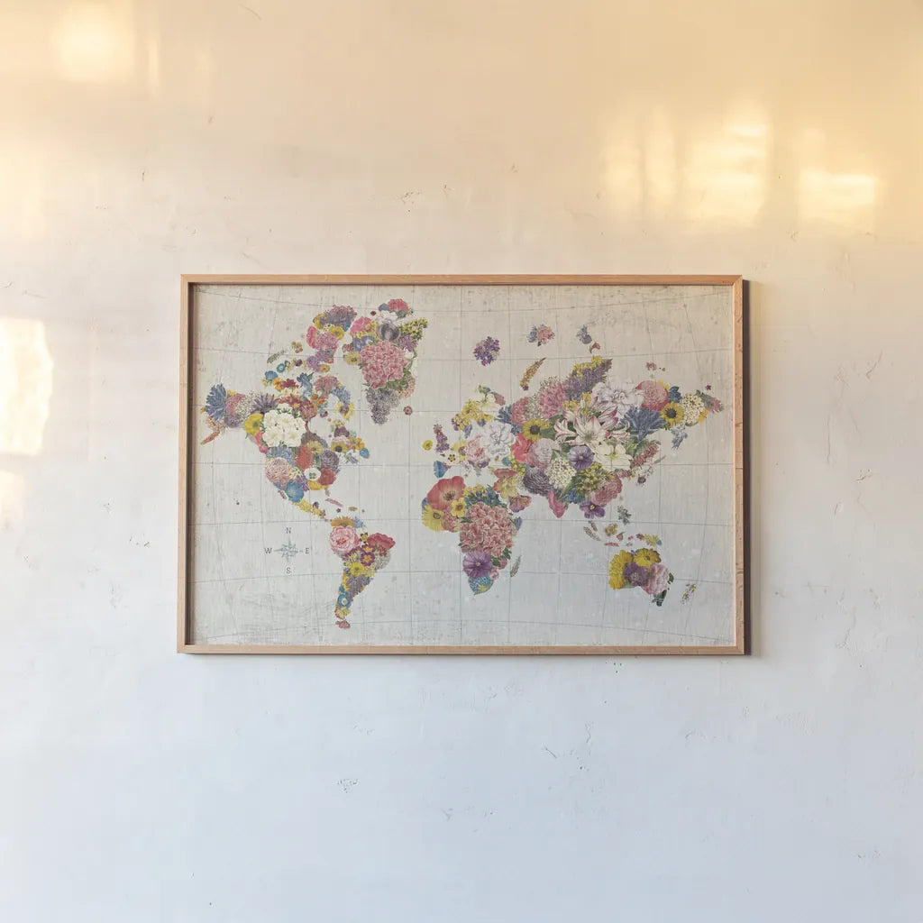 Botanical Floral Map Gray No Words by Wild Apple Portfolio. shown as a paper print in a natural frame. Available as a archival giclee rolled canvas, fine art paper, or poster print. SKU 56464i.