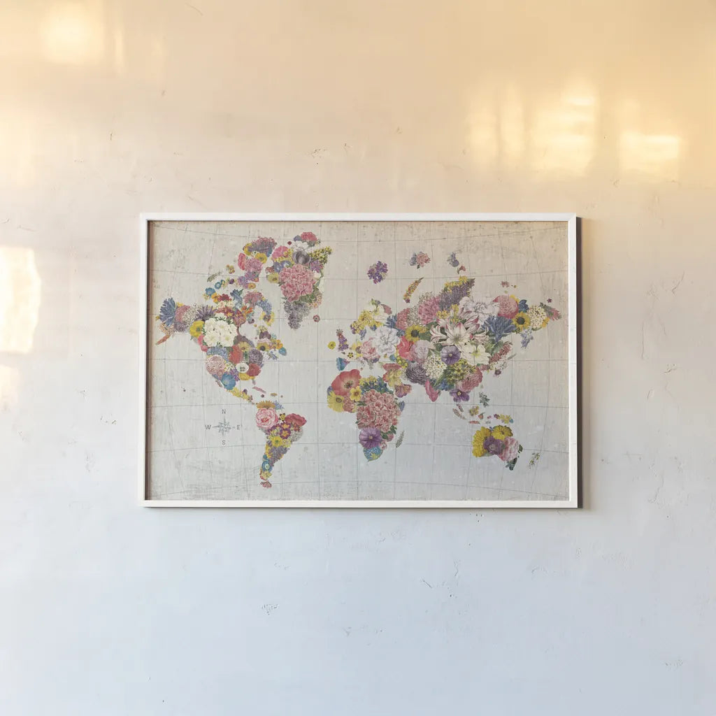 Botanical Floral Map Gray No Words by Wild Apple Portfolio. shown as a paper print in a white frame. Available as a archival giclee rolled canvas, fine art paper, or poster print. SKU 56464i.