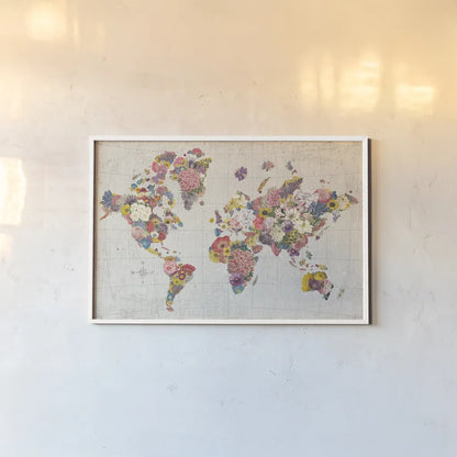 Botanical Floral Map Gray No Words by Wild Apple Portfolio. shown as a paper print in a white frame. Available as a archival giclee rolled canvas, fine art paper, or poster print. SKU 56464i.