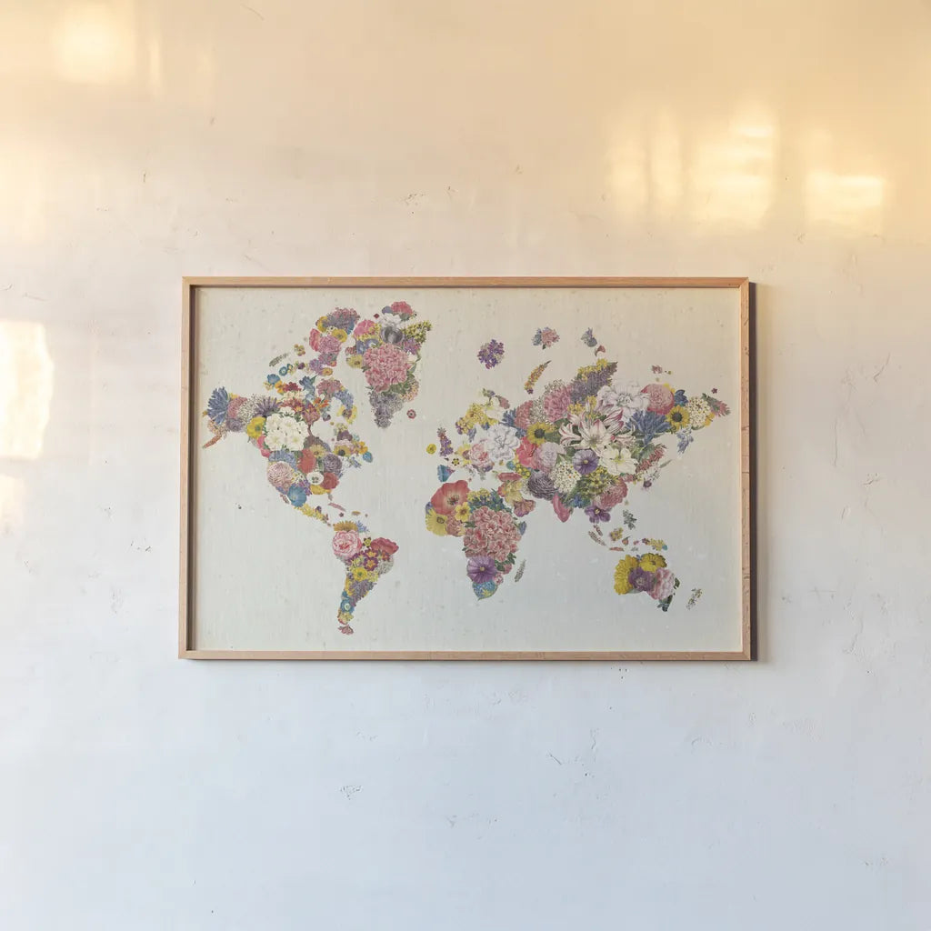 Botanical Floral Map Light by Wild Apple Portfolio. shown as a paper print in a natural frame. Available as a archival giclee rolled canvas, fine art paper, or poster print. SKU 53455i.