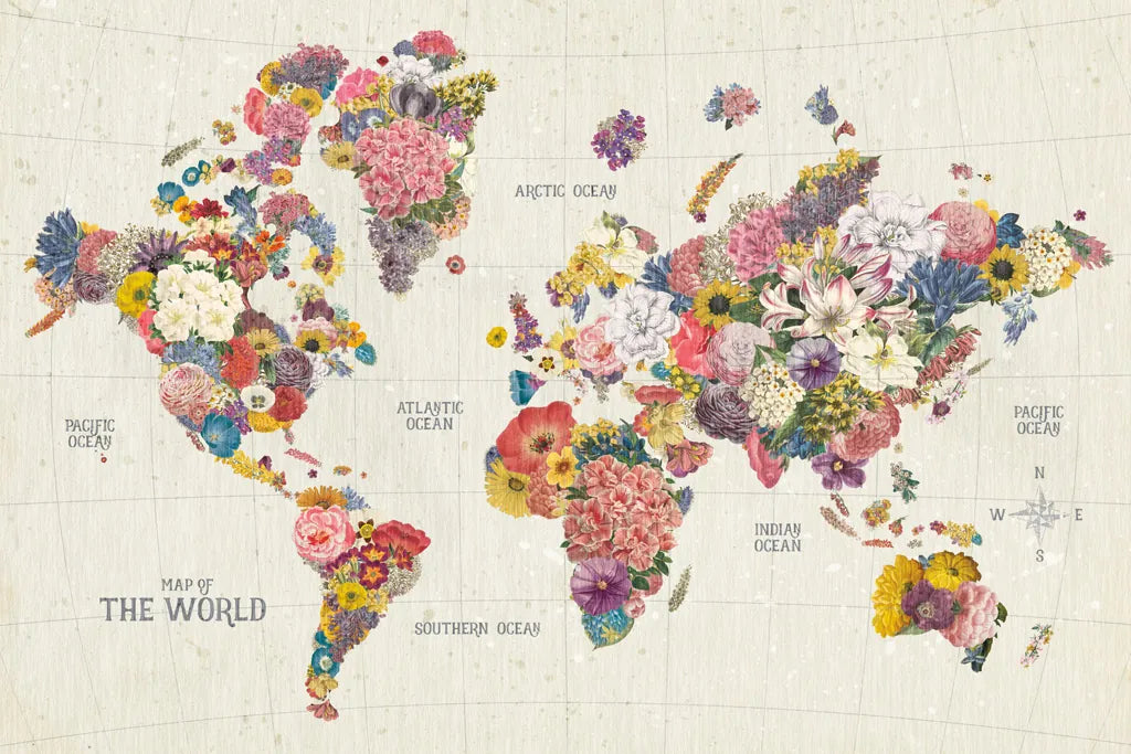 Botanical Floral Map Light Words by Wild Apple Portfolio. SKU 54700i. Archival Giclee Fine art print for wall decor.