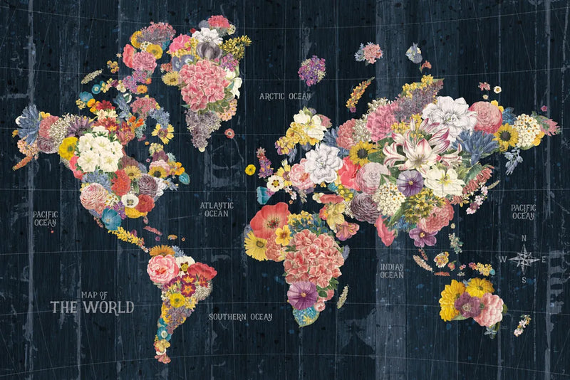 Botanical Floral Map Words by Wild Apple Portfolio. SKU 54699i. Archival Giclee Fine art print for wall decor.