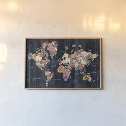 Botanical Floral Map Words by Wild Apple Portfolio. shown as a paper print in a natural frame. Available as a archival giclee rolled canvas, fine art paper, or poster print. SKU 54699i.