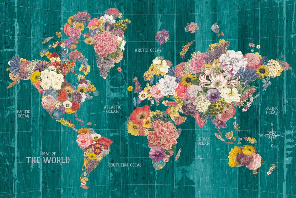 Botanical Floral Map Words Aqua by Wild Apple Portfolio. SKU 66951i. Archival Giclee Fine art print for wall decor.