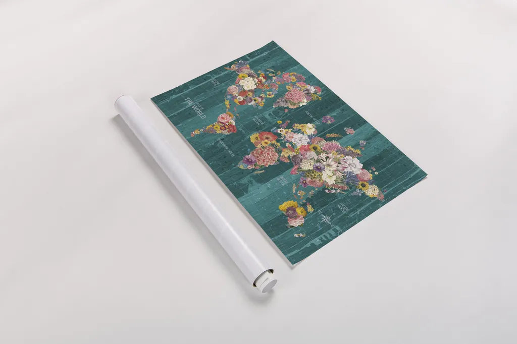 Botanical Floral Map Words Aqua by Wild Apple Portfolio. shown as a rolled paper print. Available as archival giclee rolled canvas, fine art paper, or poster print. SKU 66951i.