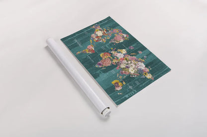 Botanical Floral Map Words Aqua by Wild Apple Portfolio. shown as a rolled paper print. Available as archival giclee rolled canvas, fine art paper, or poster print. SKU 66951i.