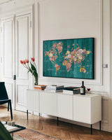 Botanical Floral Map Words Aqua by Wild Apple Portfolio. shown as a framed stretched canvas in a living room above a console. Available as a archival giclee rolled canvas, fine art paper, or poster print. SKU 66951i.