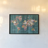 Botanical Floral Map Words Aqua by Wild Apple Portfolio. shown as a paper print in a black flame. Available as a archival giclee rolled canvas, fine art paper, or poster print. SKU 66951i.