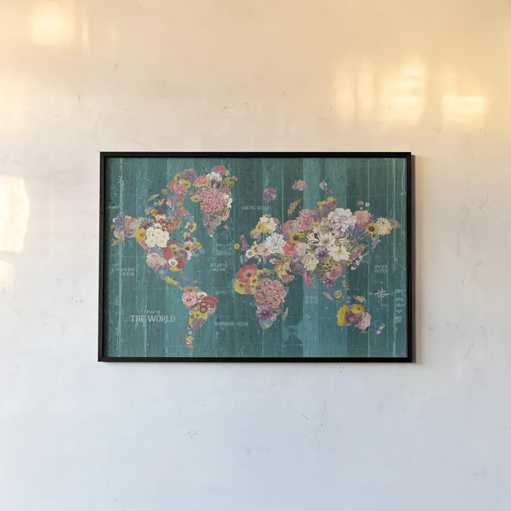 Botanical Floral Map Words Aqua by Wild Apple Portfolio. shown as a paper print in a black flame. Available as a archival giclee rolled canvas, fine art paper, or poster print. SKU 66951i.