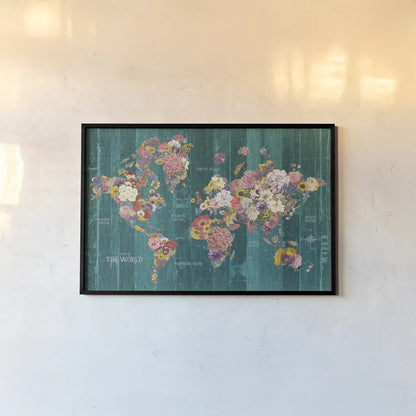 Botanical Floral Map Words Aqua by Wild Apple Portfolio. shown as a paper print in a black flame. Available as a archival giclee rolled canvas, fine art paper, or poster print. SKU 66951i.