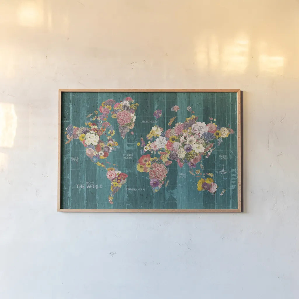Botanical Floral Map Words Aqua by Wild Apple Portfolio. shown as a paper print in a natural frame. Available as a archival giclee rolled canvas, fine art paper, or poster print. SKU 66951i.
