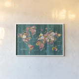 Botanical Floral Map Words Aqua by Wild Apple Portfolio. shown as a paper print in a white frame. Available as a archival giclee rolled canvas, fine art paper, or poster print. SKU 66951i.