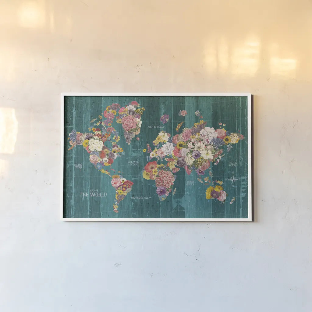 Botanical Floral Map Words Aqua by Wild Apple Portfolio. shown as a paper print in a white frame. Available as a archival giclee rolled canvas, fine art paper, or poster print. SKU 66951i.