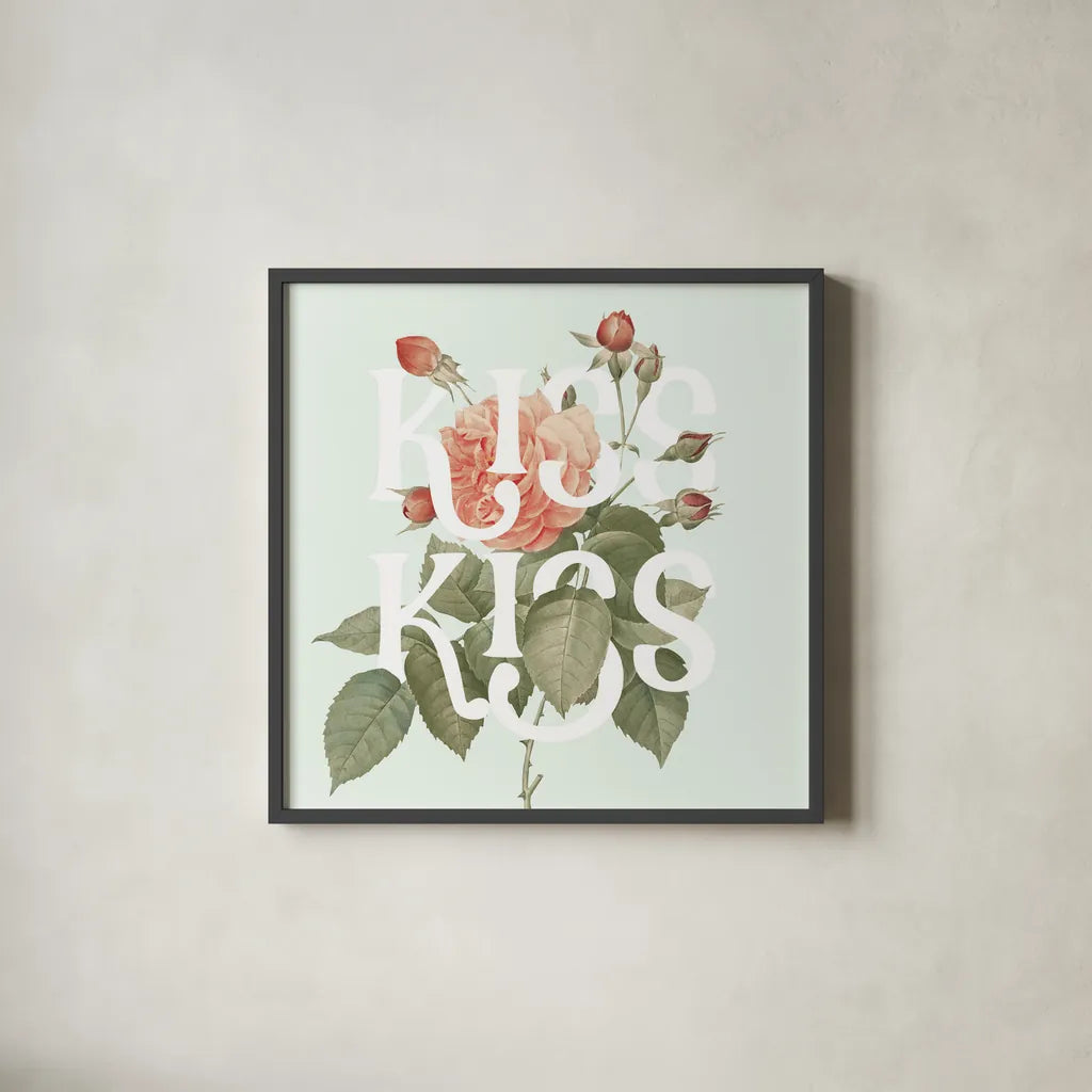 Botanical Pink Rose I Kiss by Wild Apple Portfolio. Shown in a sleek black glass frame for a contemporary gallery look. Available as an archival giclee rolled canvas, fine art paper, or poster print. SKU 53888a.