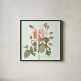 Botanical Pink Rose I Kiss by Wild Apple Portfolio. Shown in a sleek black glass frame for a contemporary gallery look. Available as an archival giclee rolled canvas, fine art paper, or poster print. SKU 53888a.