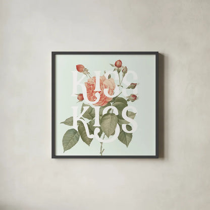 Botanical Pink Rose I Kiss by Wild Apple Portfolio. Shown in a sleek black glass frame for a contemporary gallery look. Available as an archival giclee rolled canvas, fine art paper, or poster print. SKU 53888a.