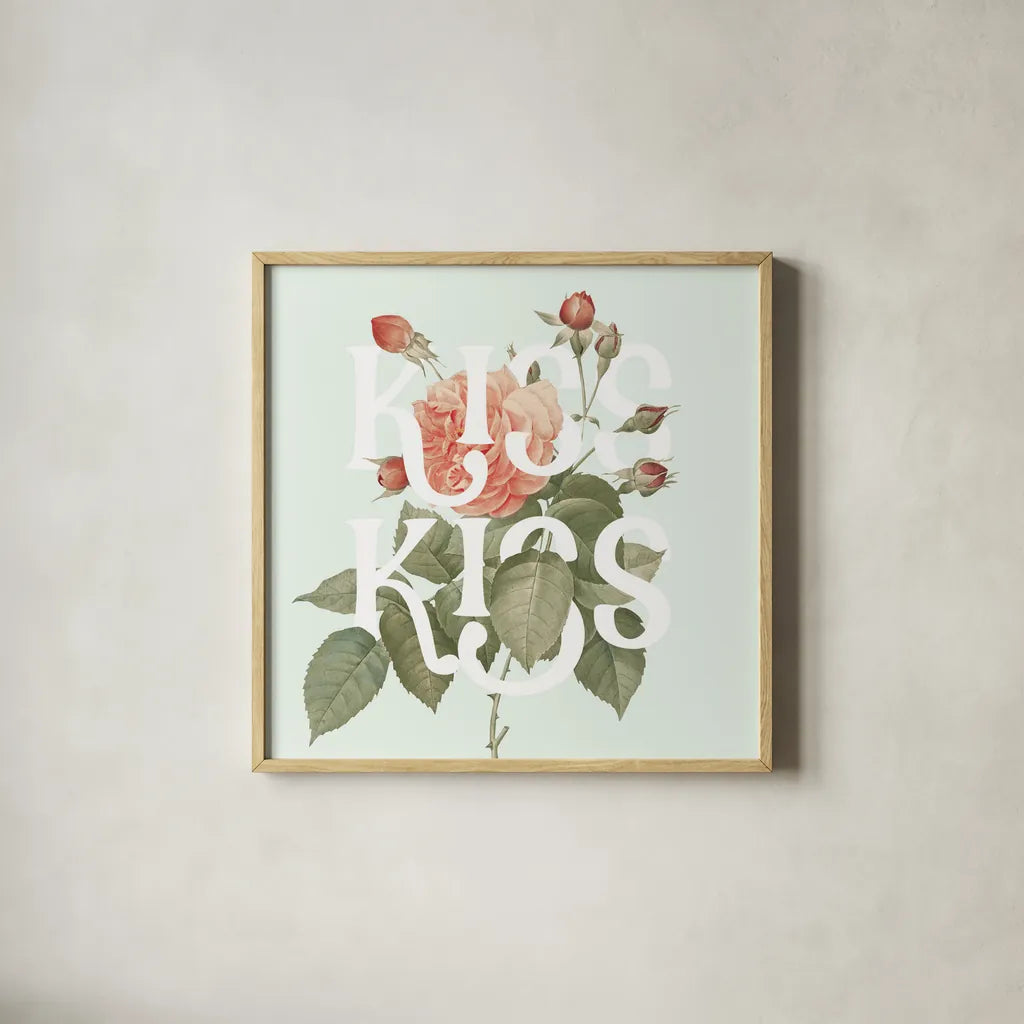 Botanical Pink Rose I Kiss by Wild Apple Portfolio. Shown in a natural wood glass frame for a timeless modern aesthetic. Available as an archival giclee rolled canvas, fine art paper, or poster print. SKU 53888a.
