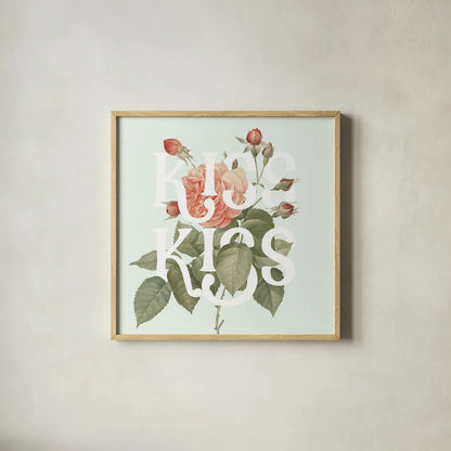 Botanical Pink Rose I Kiss by Wild Apple Portfolio. Shown in a natural wood glass frame for a timeless modern aesthetic. Available as an archival giclee rolled canvas, fine art paper, or poster print. SKU 53888a.
