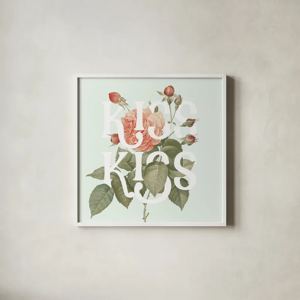 Botanical Pink Rose I Kiss by Wild Apple Portfolio. Shown in a crisp white glass frame for a clean and minimalist style. Available as an archival giclee rolled canvas, fine art paper, or poster print. SKU 53888a.