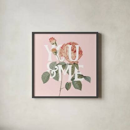 Botanical Pink Rose II You by Wild Apple Portfolio. Shown in a sleek black glass frame for a contemporary gallery look. Available as an archival giclee rolled canvas, fine art paper, or poster print. SKU 53889a.